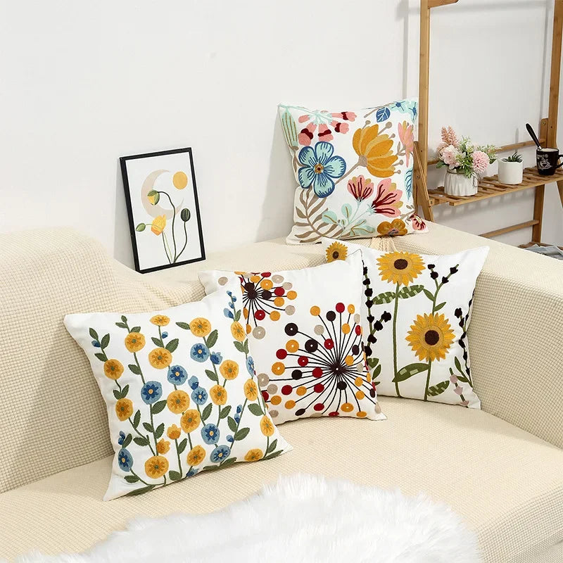 Embroidered Floral Throw Pillow Cover – 18" x 18"