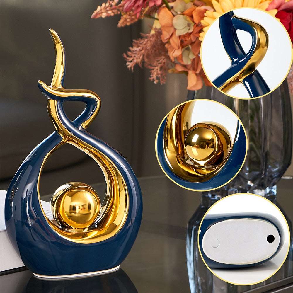 Abstract Ceramic Spiral Sculpture with Gold Detail