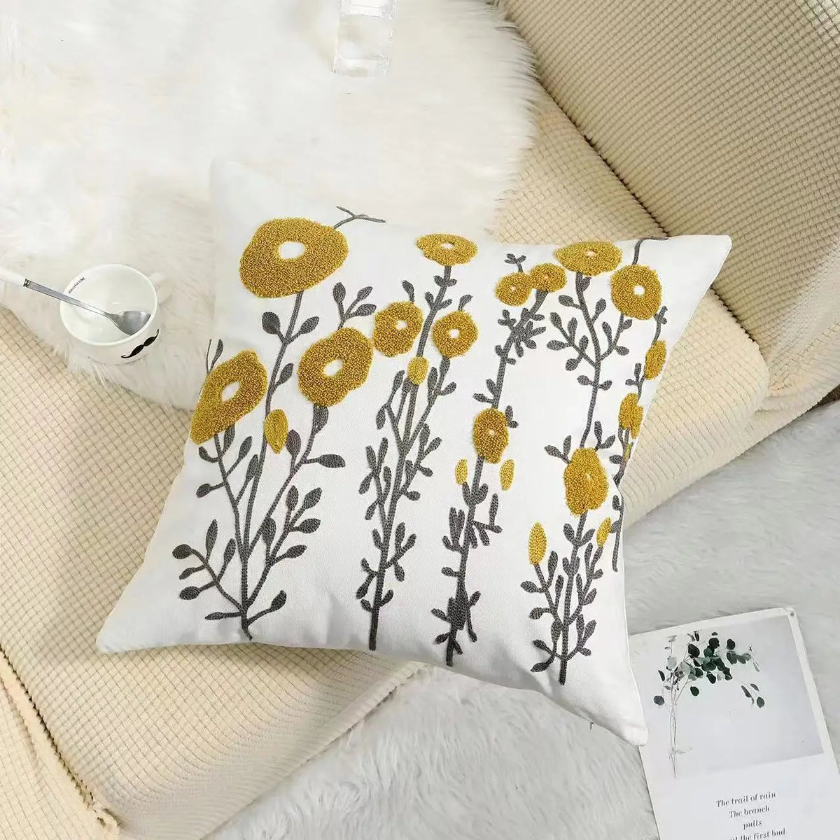 Embroidered Floral Throw Pillow Cover – 18" x 18"