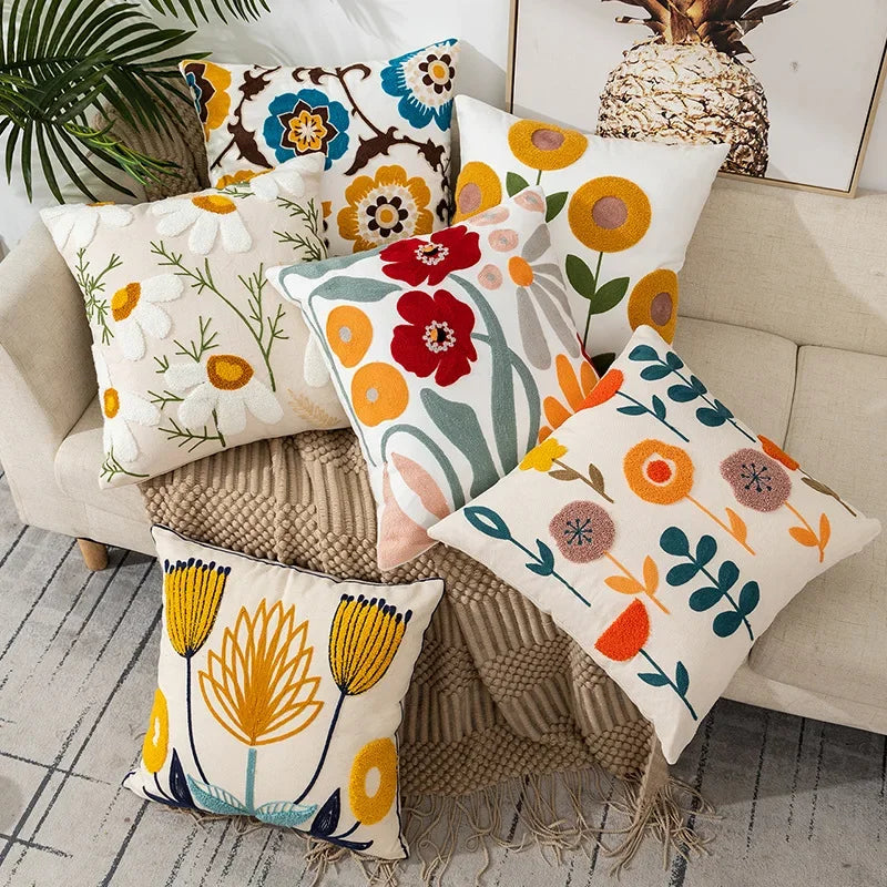 Embroidered floral pillow cover