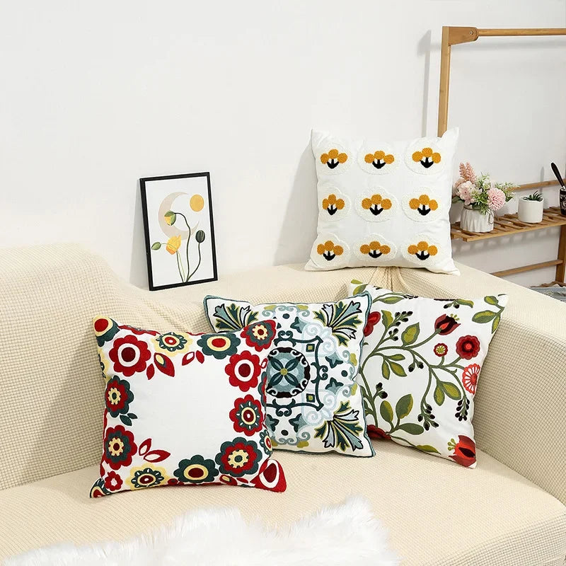 Embroidered Floral Throw Pillow Cover – 18" x 18"
