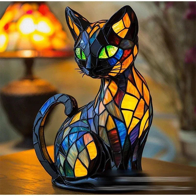 Stained glass-look cat table lamp