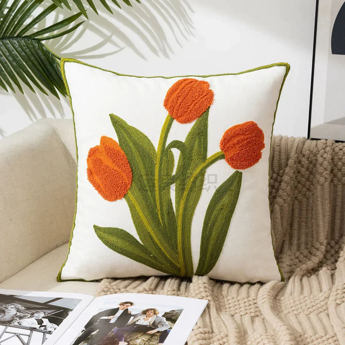 Embroidered Floral Throw Pillow Cover – 18" x 18"