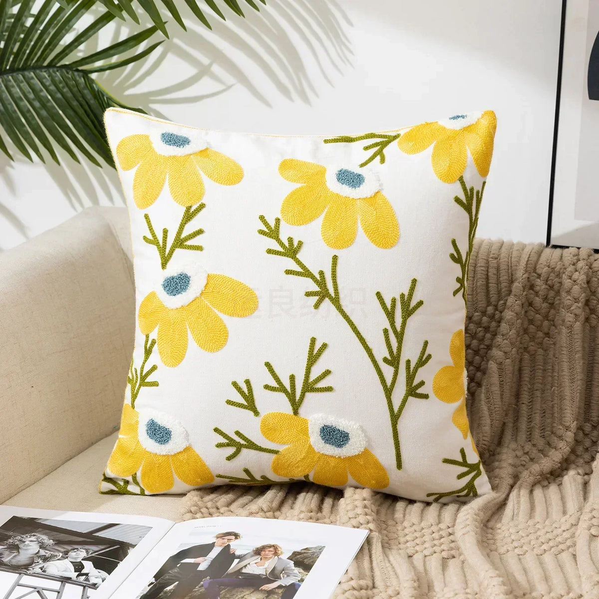 Embroidered Floral Throw Pillow Cover – 18" x 18"