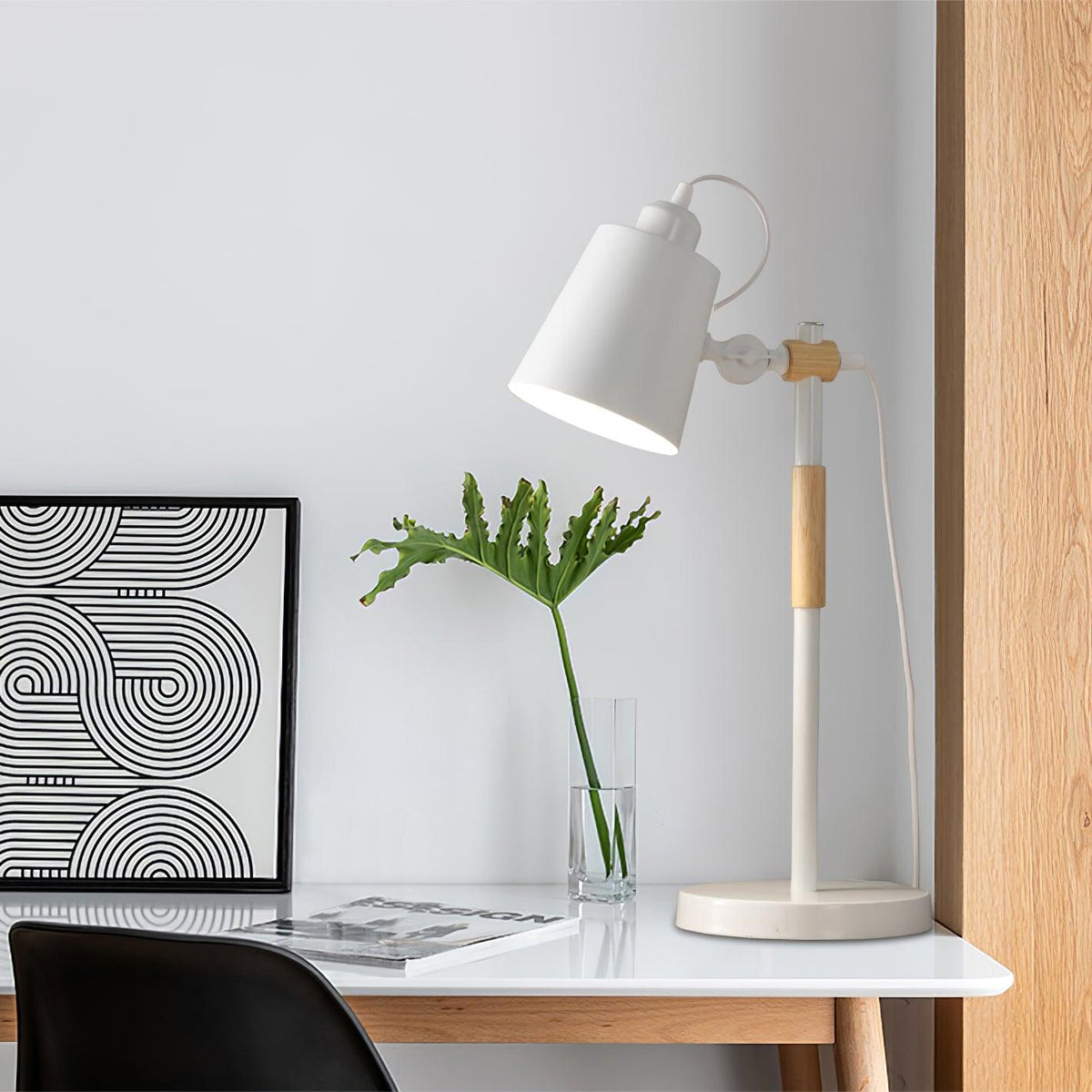 Modern LED Desk Lamp with Scandinavian Wood Accent – White