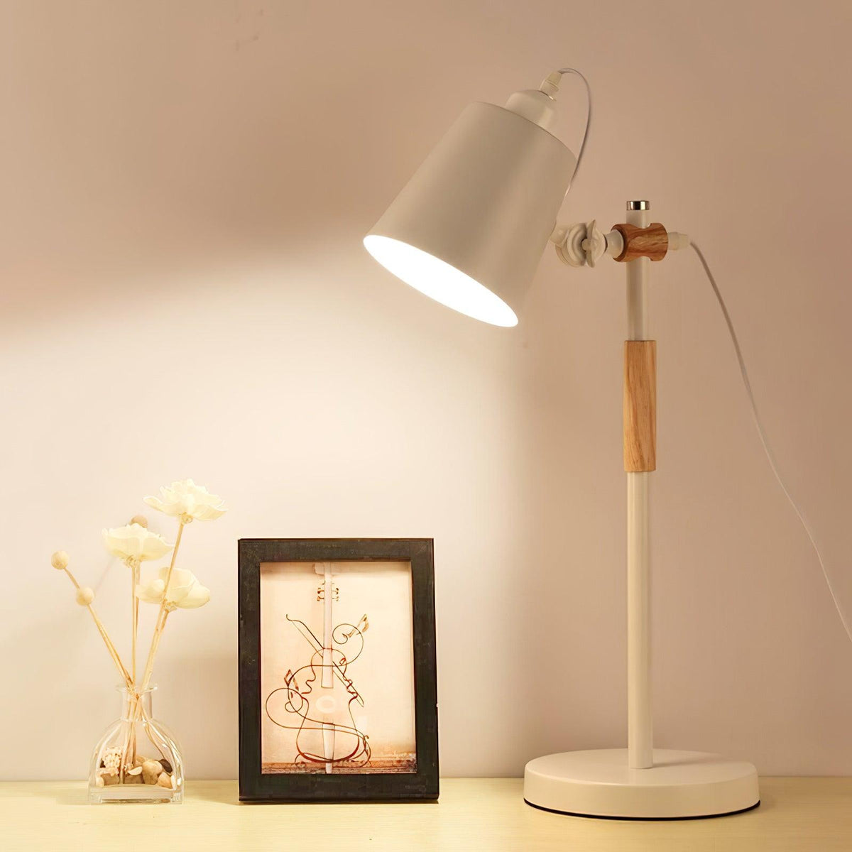Modern LED Desk Lamp with Scandinavian Wood Accent – White