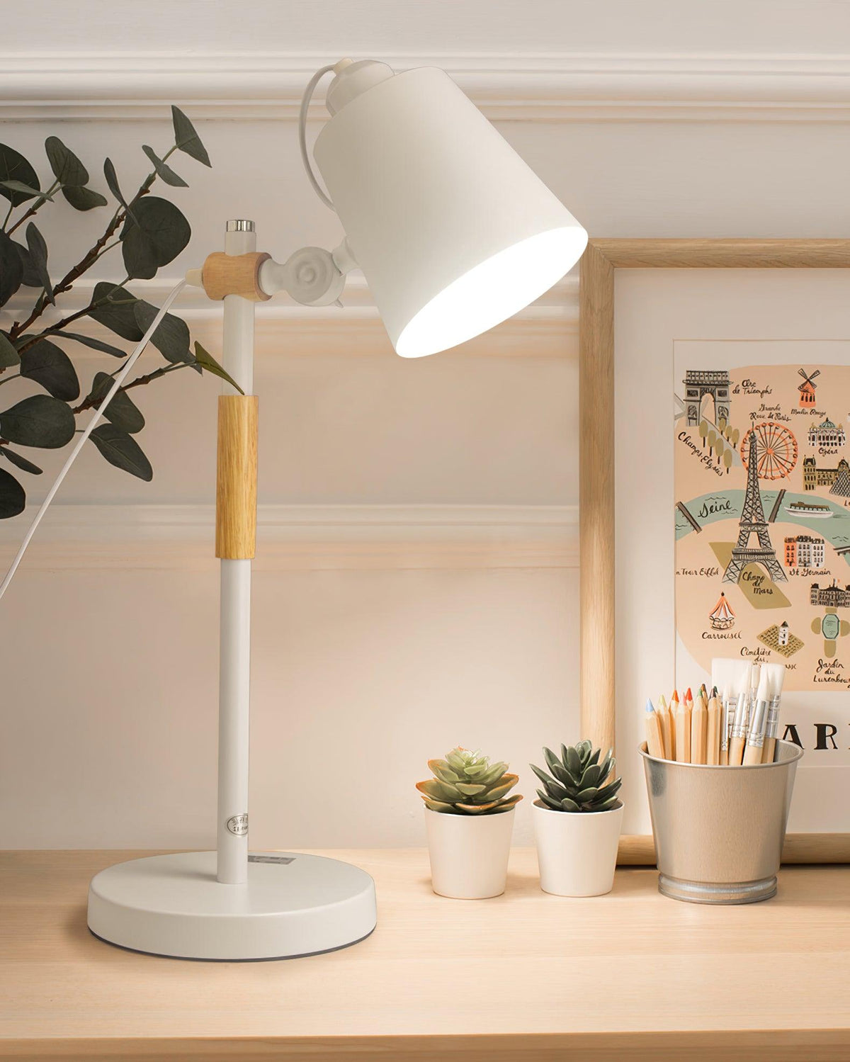 Modern LED Desk Lamp with Scandinavian Wood Accent – White