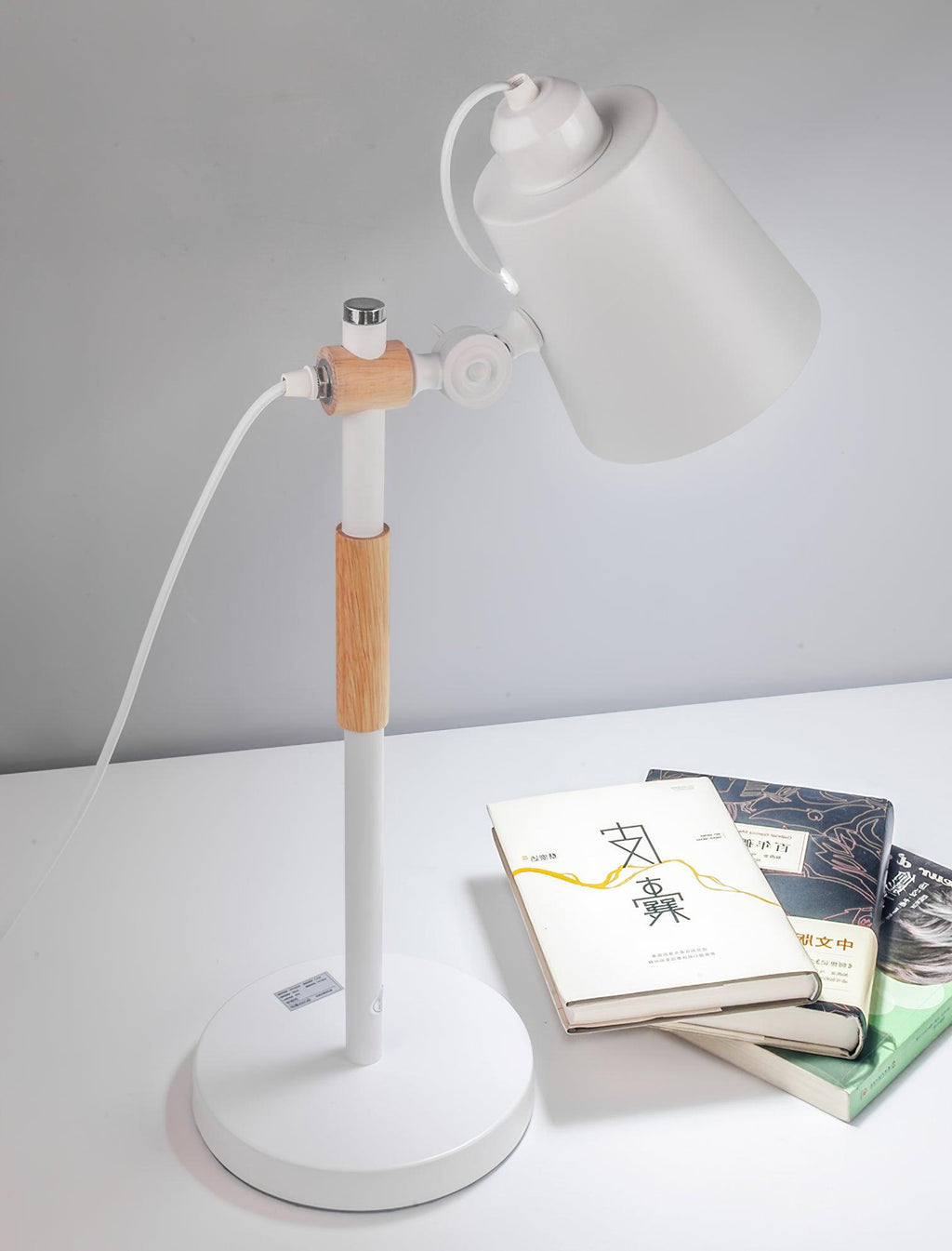Modern LED Desk Lamp with Scandinavian Wood Accent – White