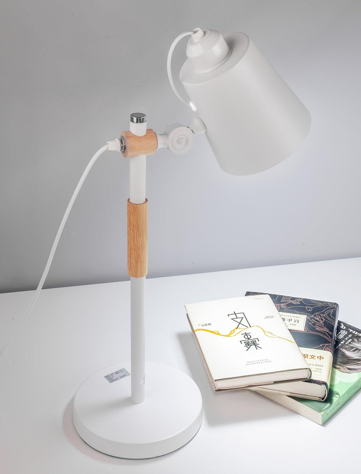 Modern LED Desk Lamp with Scandinavian Wood Accent – White