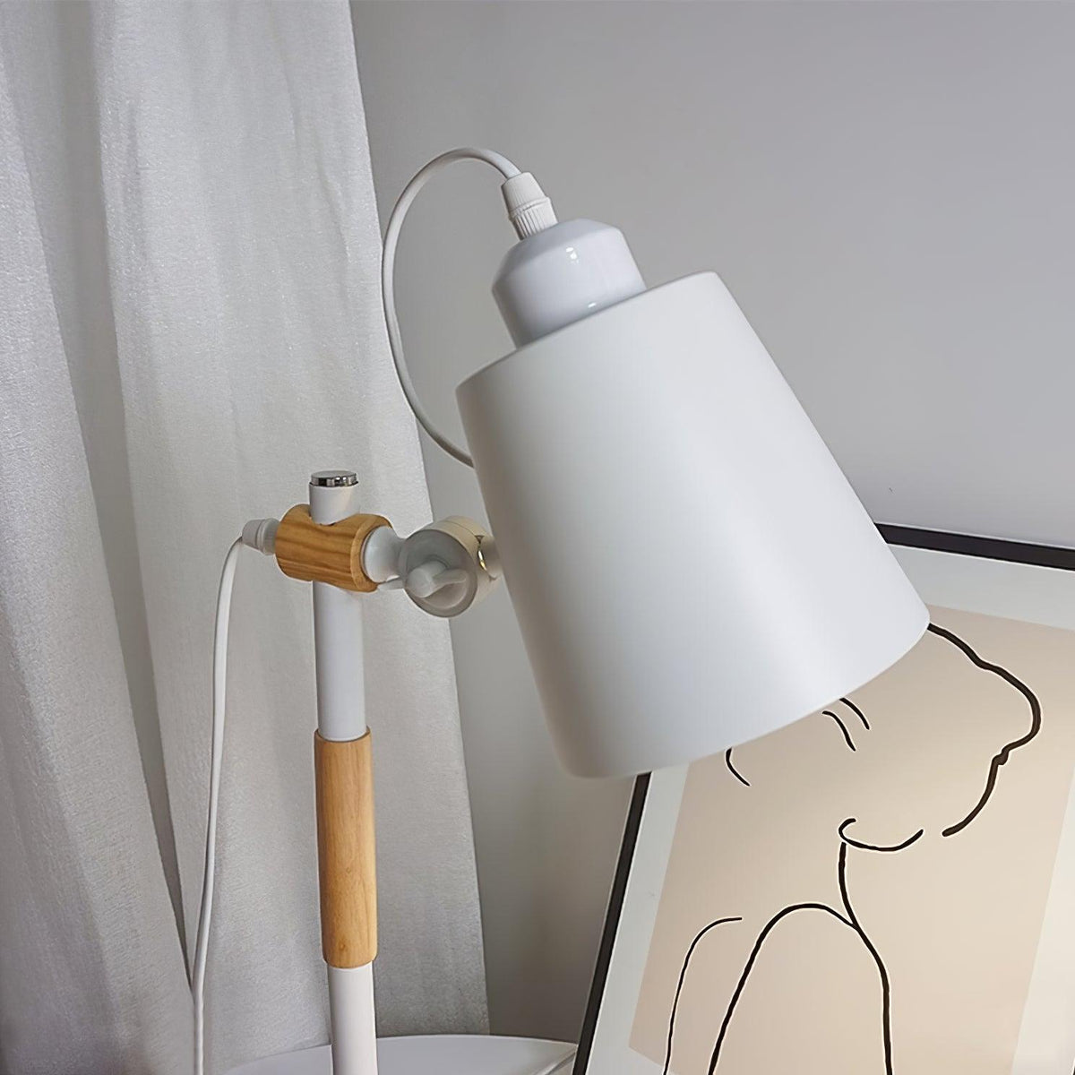 Modern LED Desk Lamp with Scandinavian Wood Accent – White