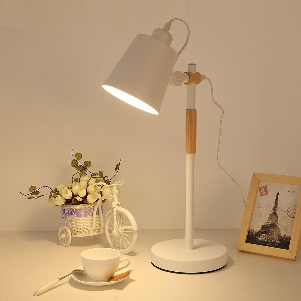 Modern LED Desk Lamp with Scandinavian Wood Accent – White