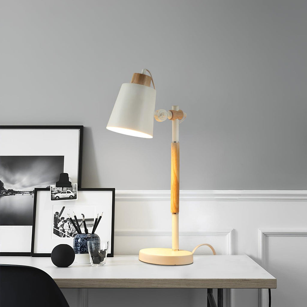Modern LED Desk Lamp with Scandinavian Wood Accent – White