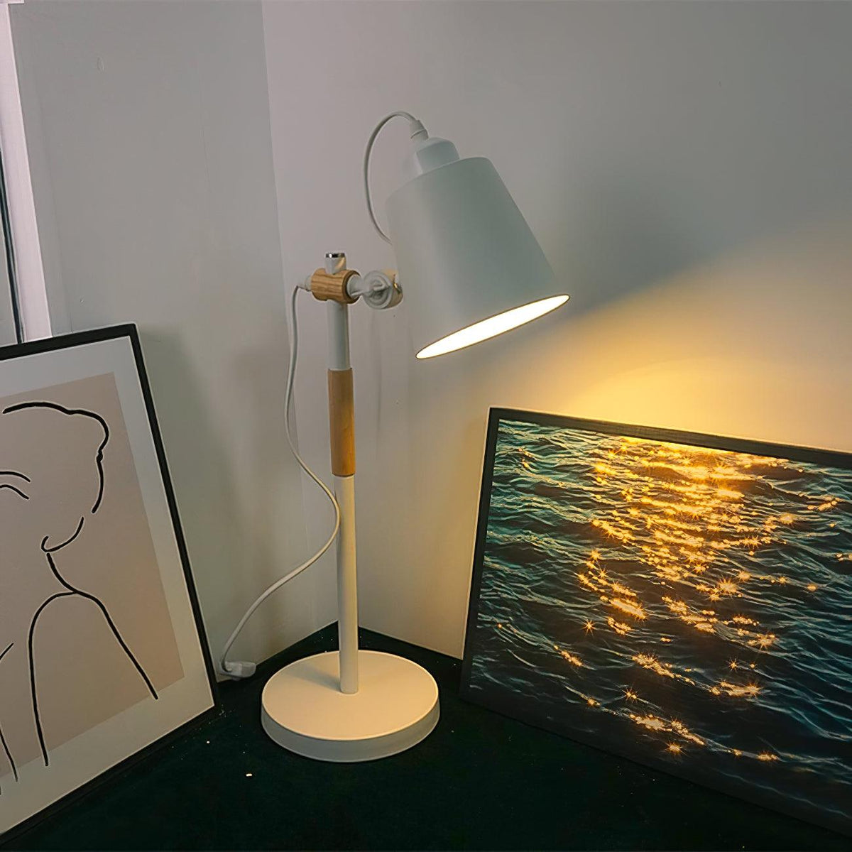 Modern LED Desk Lamp with Scandinavian Wood Accent – White