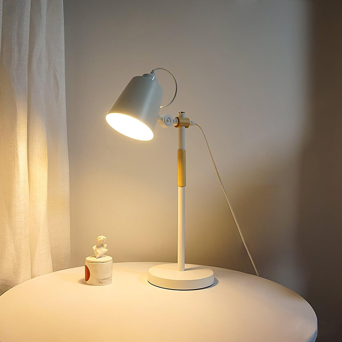 Modern LED Desk Lamp with Scandinavian Wood Accent – White