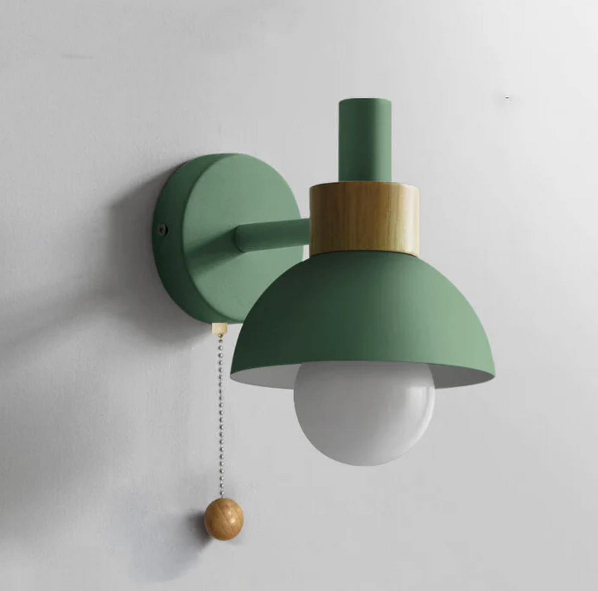 Pull-Chain Wall Sconce with Wooden Accent – 4 Colors