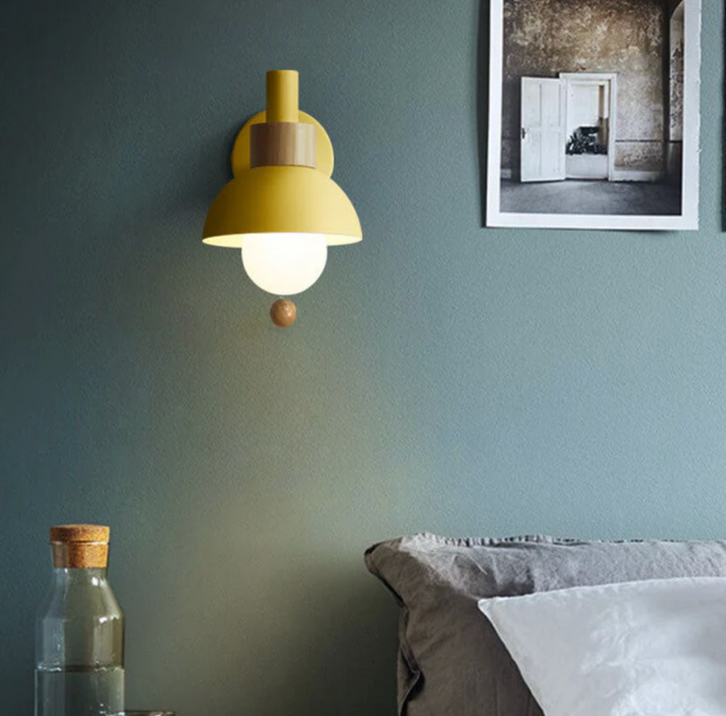 Pull-Chain Wall Sconce with Wooden Accent – 4 Colors