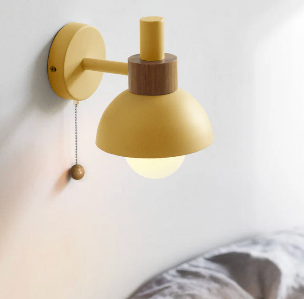 Pull-Chain Wall Sconce with Wooden Accent – 4 Colors