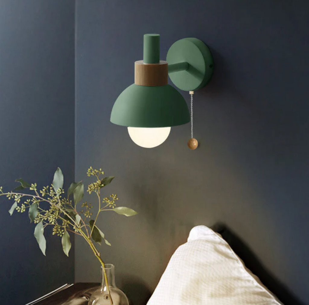 Pull-Chain Wall Sconce with Wooden Accent – 4 Colors