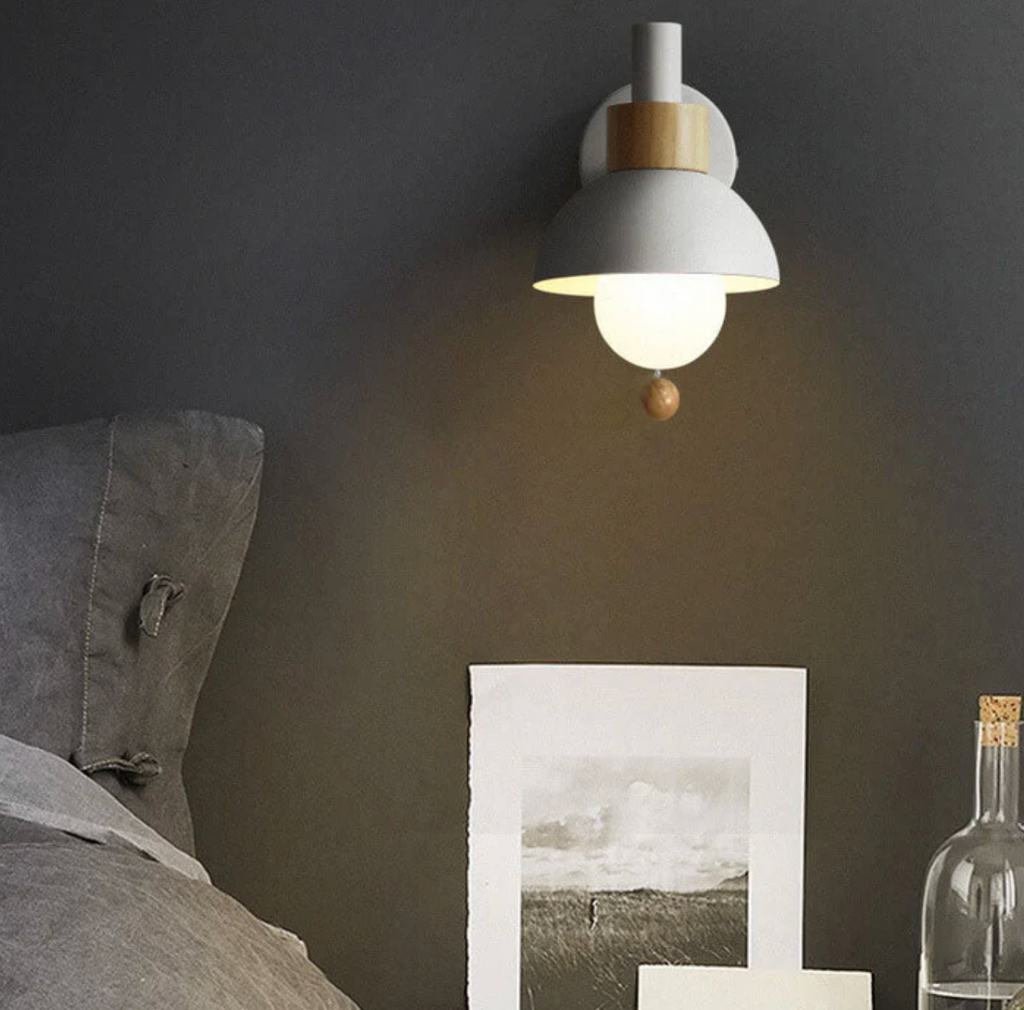 Pull-Chain Wall Sconce with Wooden Accent – 4 Colors