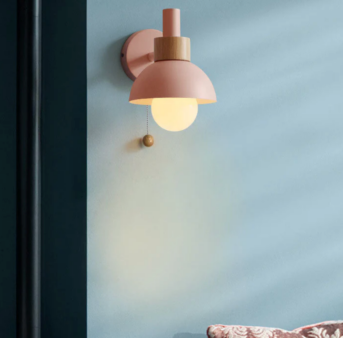 Pull-Chain Wall Sconce with Wooden Accent – 4 Colors