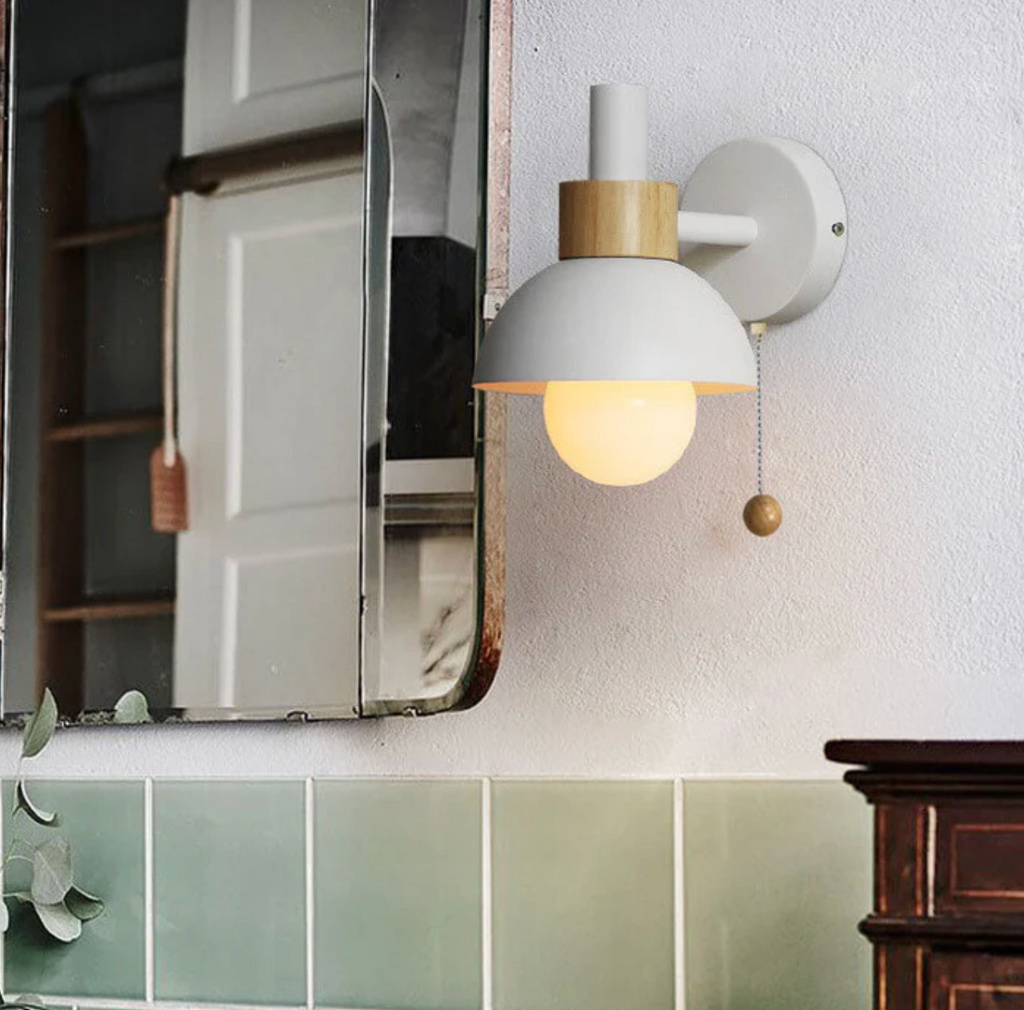 Pull-Chain Wall Sconce with Wooden Accent – 4 Colors