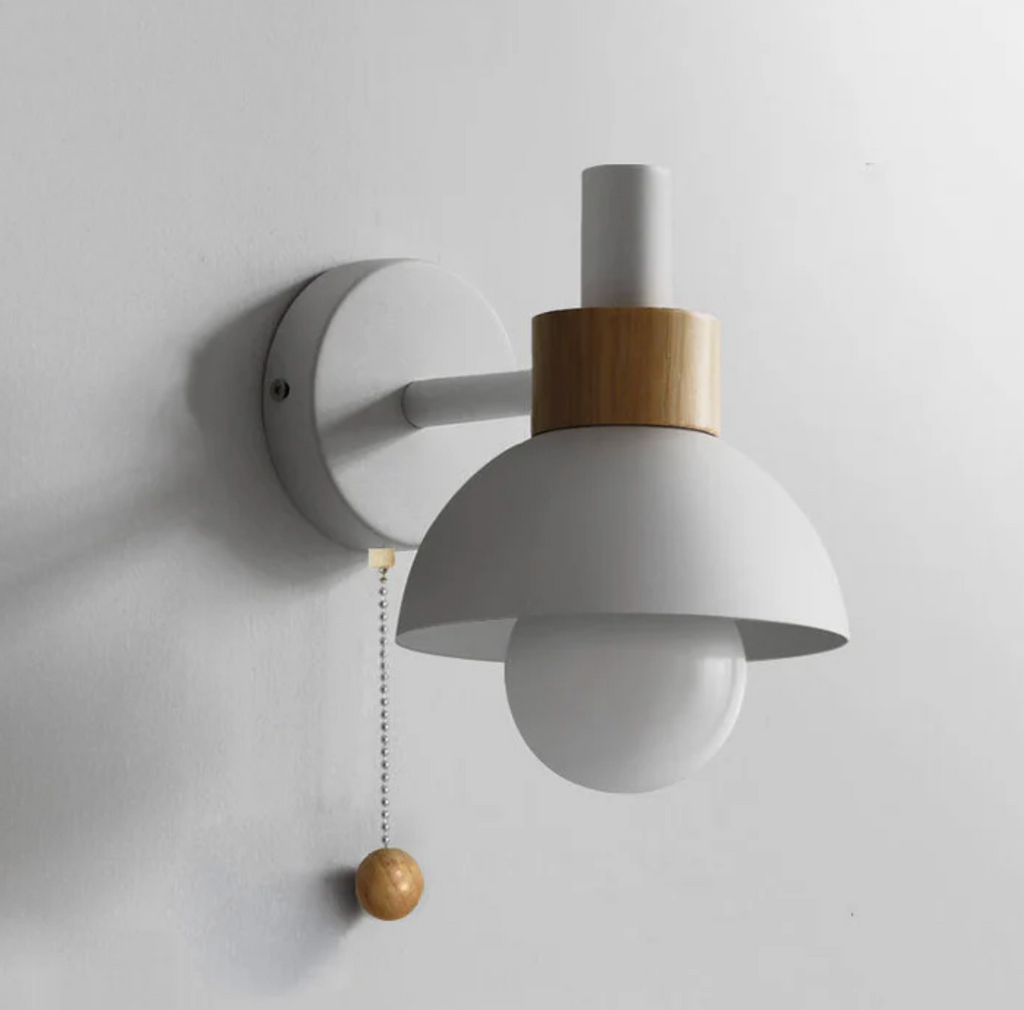Pull-Chain Wall Sconce with Wooden Accent – 4 Colors