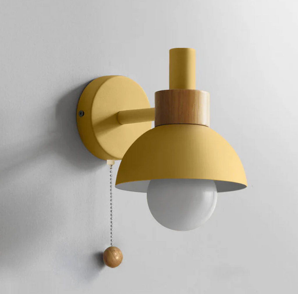 Pull-Chain Wall Sconce with Wooden Accent – 4 Colors