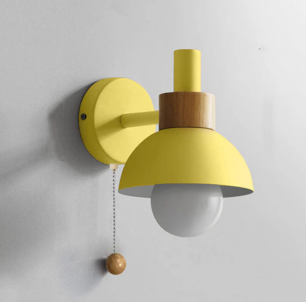 Pull-Chain Wall Sconce with Wooden Accent – 4 Colors
