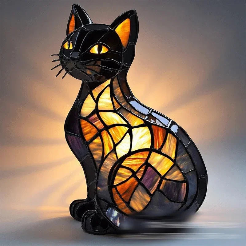 Stained Glass-Look Cat Table Lamp – USB Night Light
