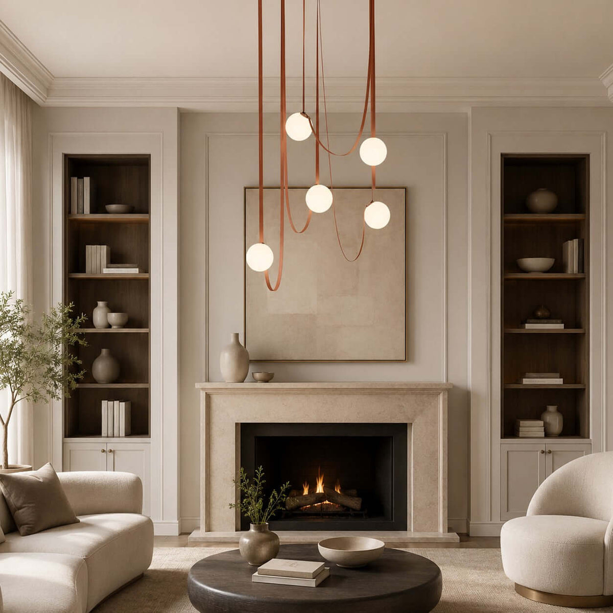 Cascading Glass Globe Chandelier with Leather Straps