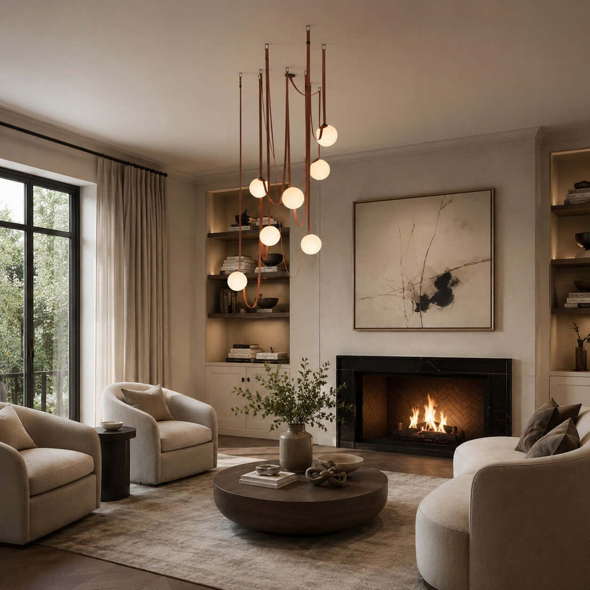 Cascading Glass Globe Chandelier with Leather Straps