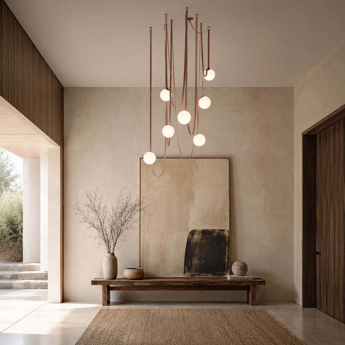 Cascading Glass Globe Chandelier with Leather Straps