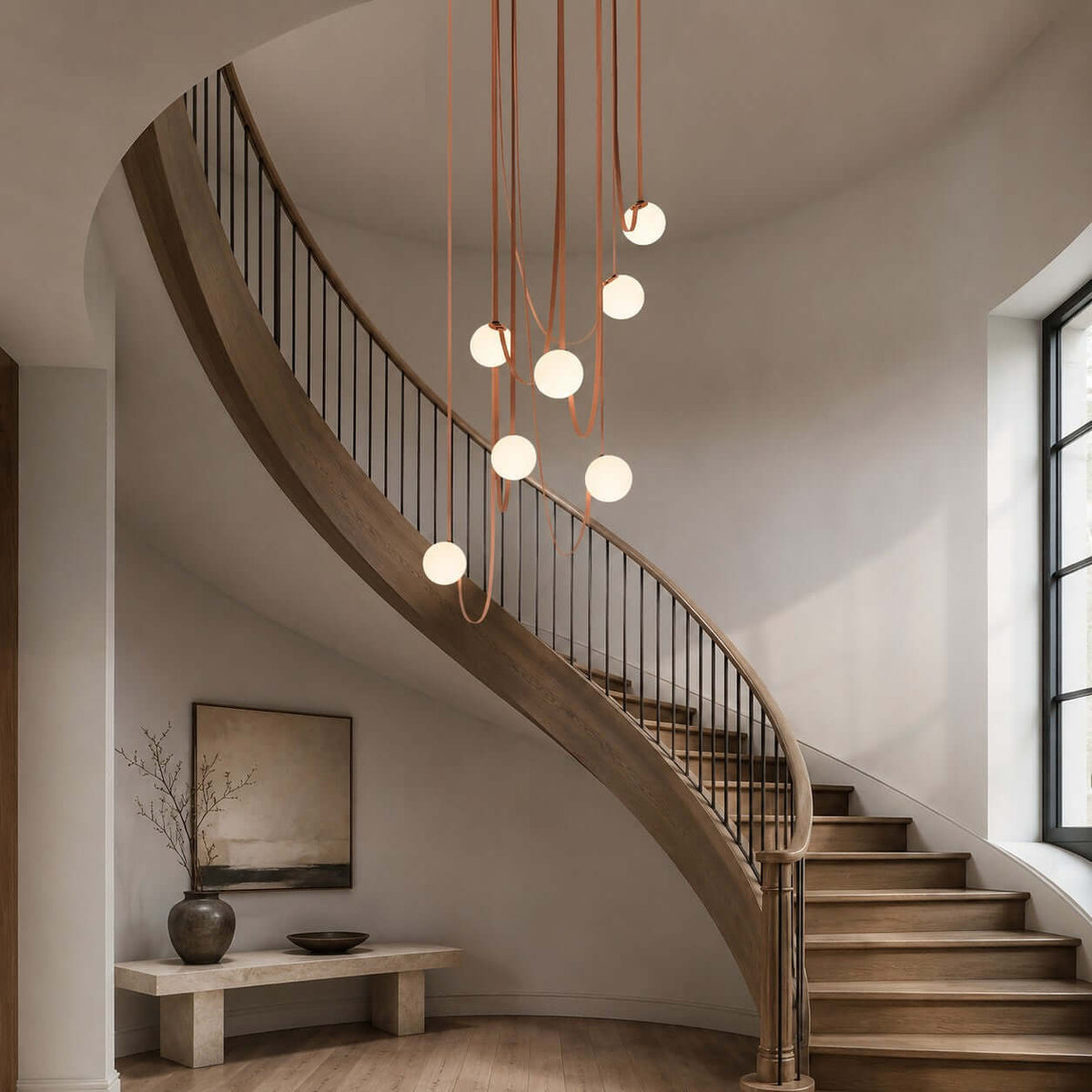 Cascading Glass Globe Chandelier with Leather Straps