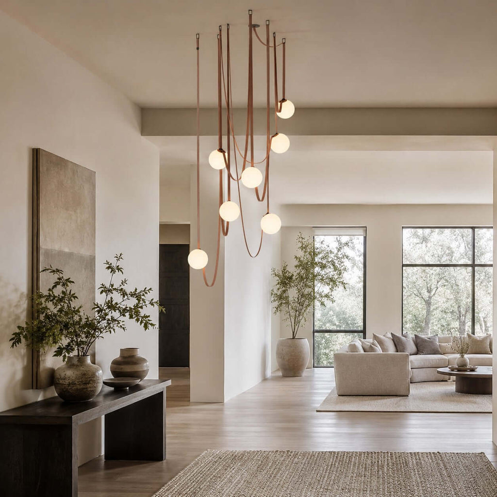 Cascading Glass Globe Chandelier with Leather Straps