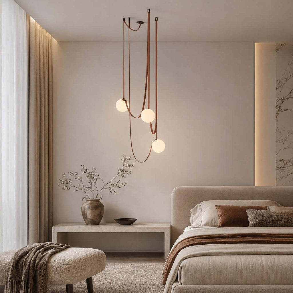 Cascading Glass Globe Chandelier with Leather Straps
