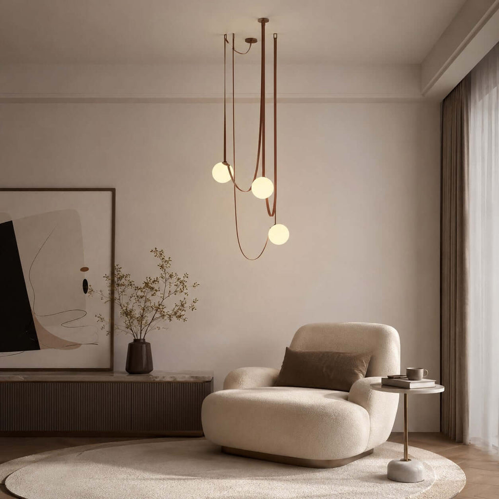 Cascading Glass Globe Chandelier with Leather Straps