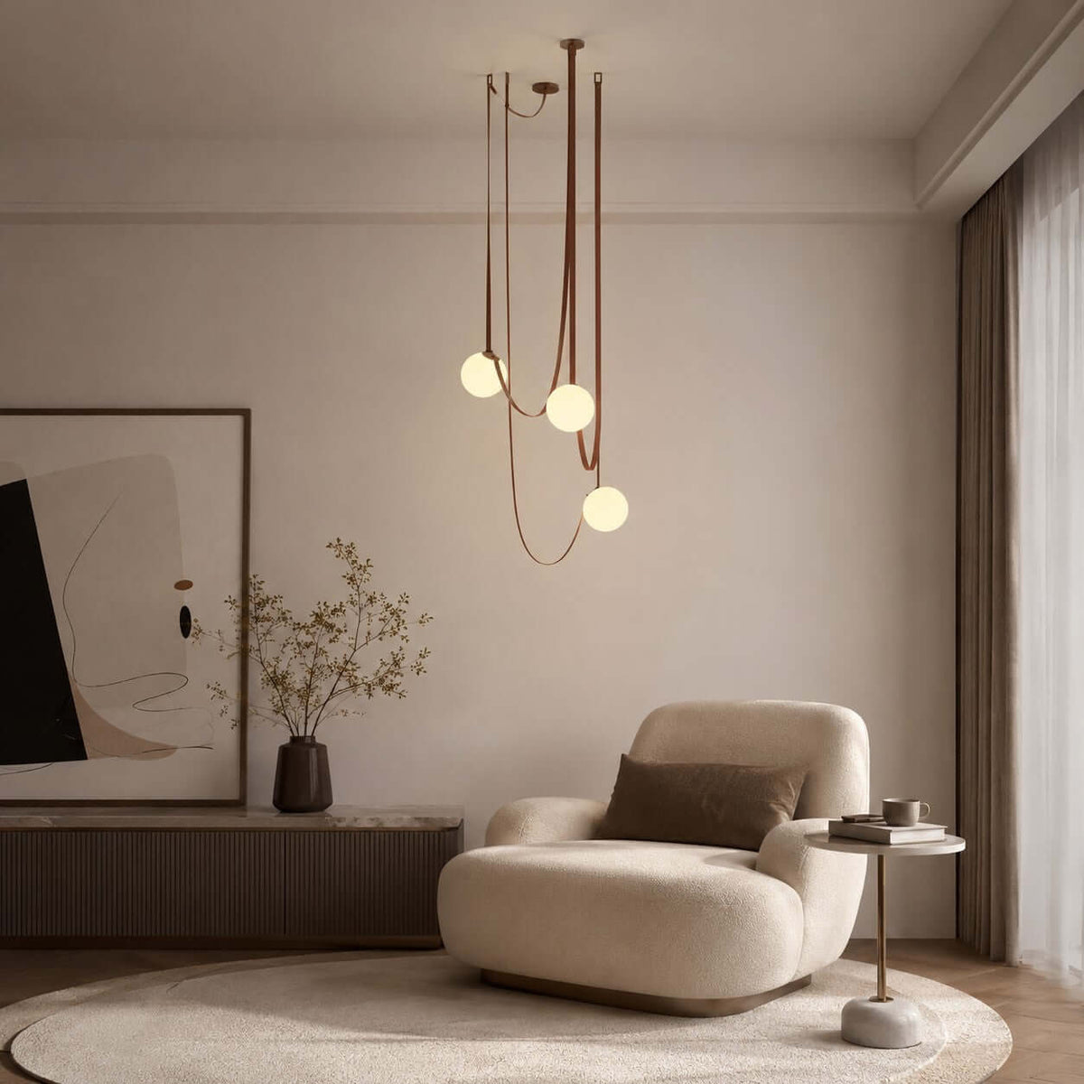 Cascading Glass Globe Chandelier with Leather Straps