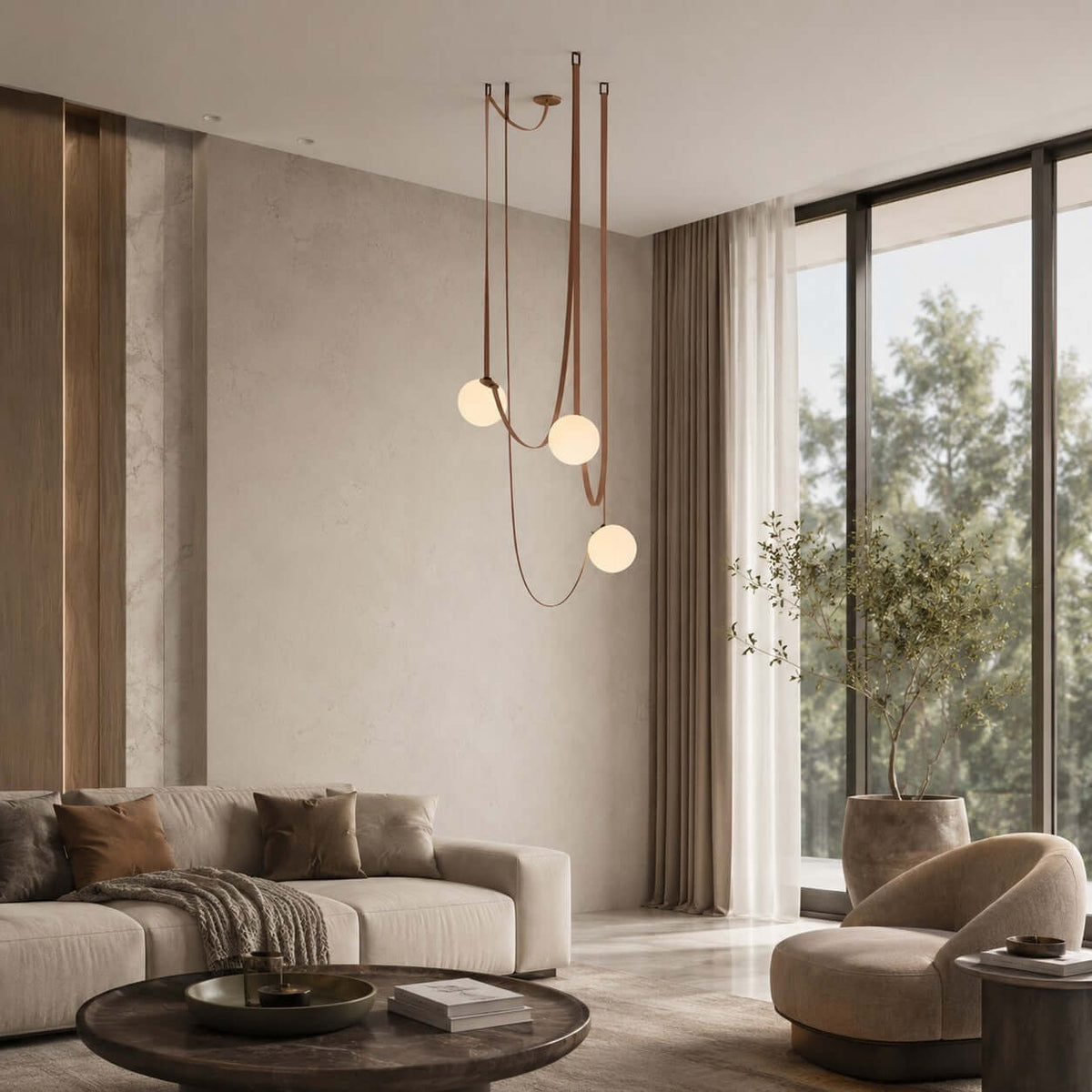 Cascading Glass Globe Chandelier with Leather Straps