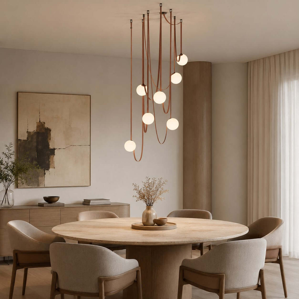 Cascading glass globe chandelier with leather straps