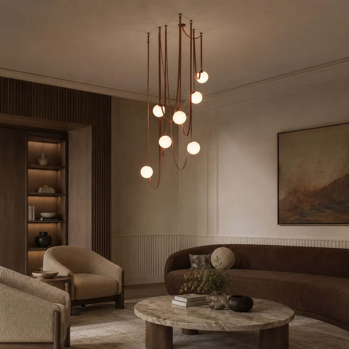 Cascading Glass Globe Chandelier with Leather Straps