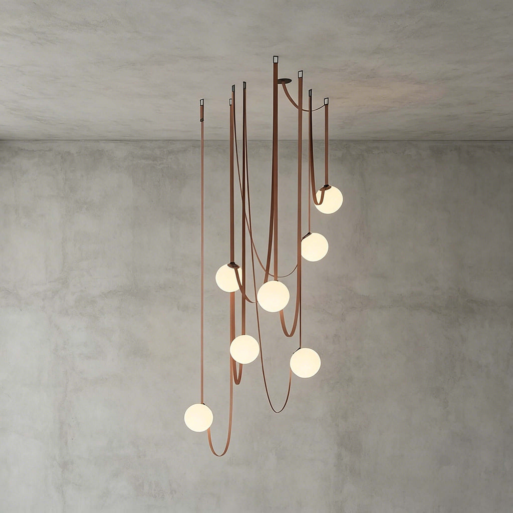 Cascading Glass Globe Chandelier with Leather Straps
