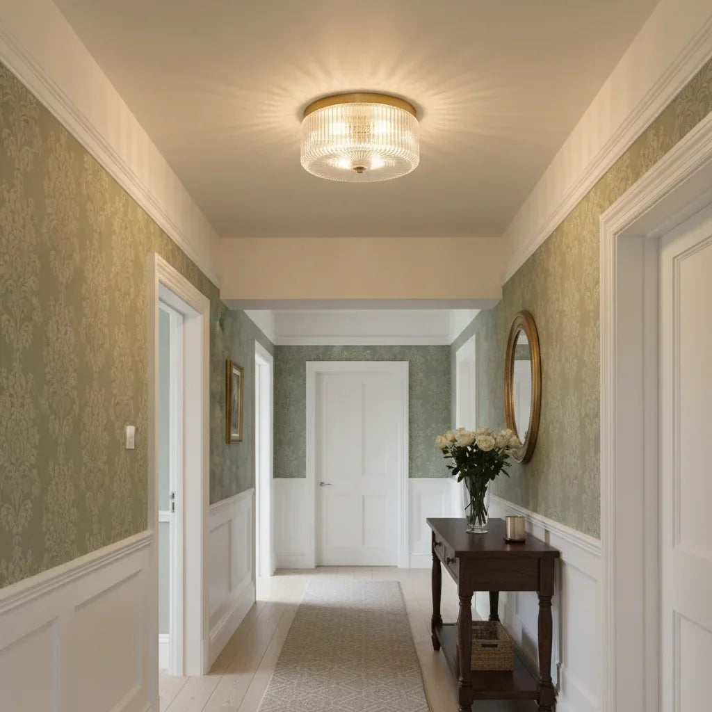 Round Ribbed Glass Flush Mount Ceiling Light – Gold Finish