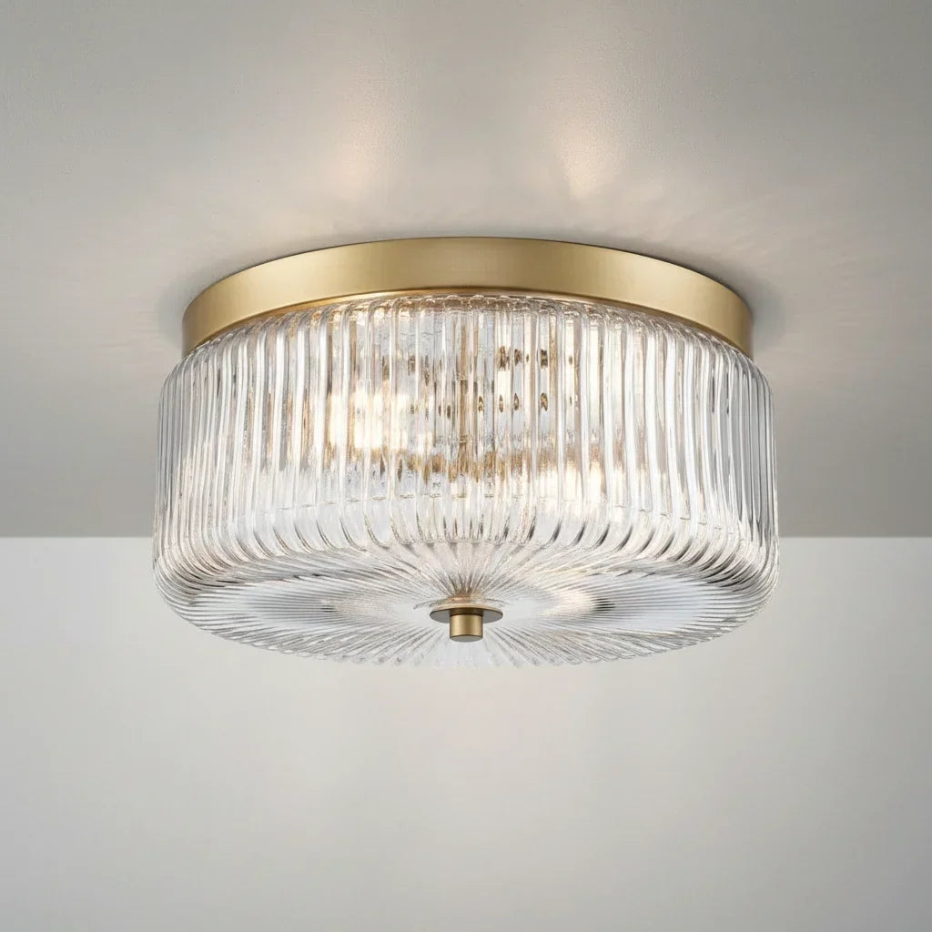 Round Ribbed Glass Flush Mount Ceiling Light – Gold Finish