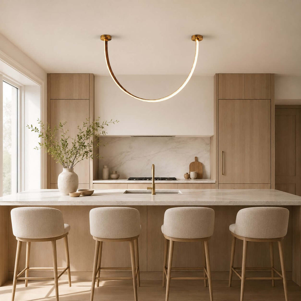 Curved Linear LED Chandelier with Leather Accents
