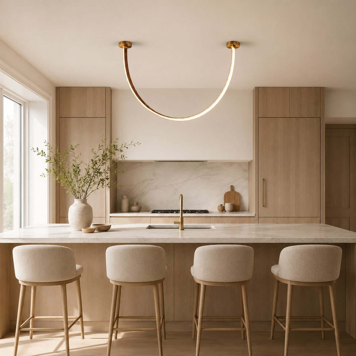 Curved Linear LED Chandelier with Leather Accents