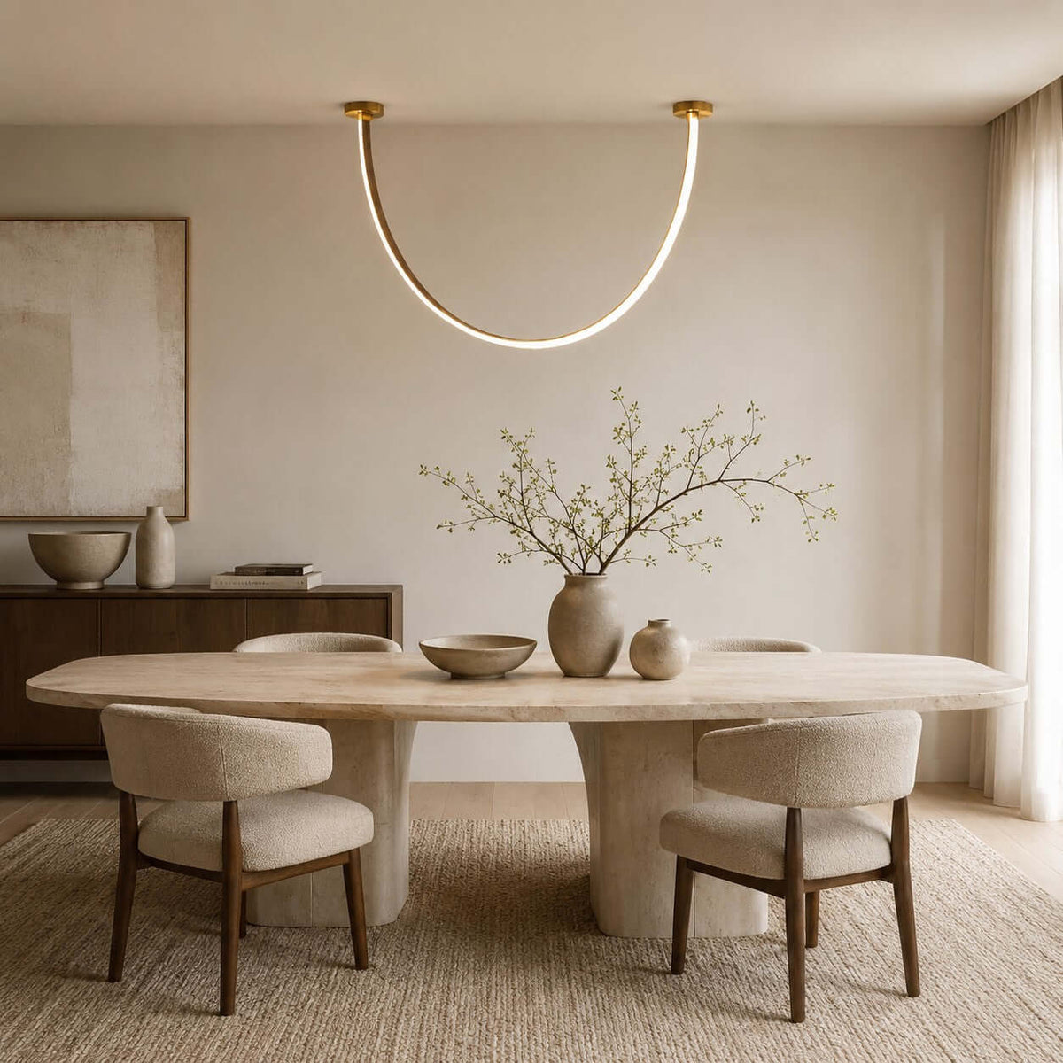 Curved Linear LED Chandelier with Leather Accents