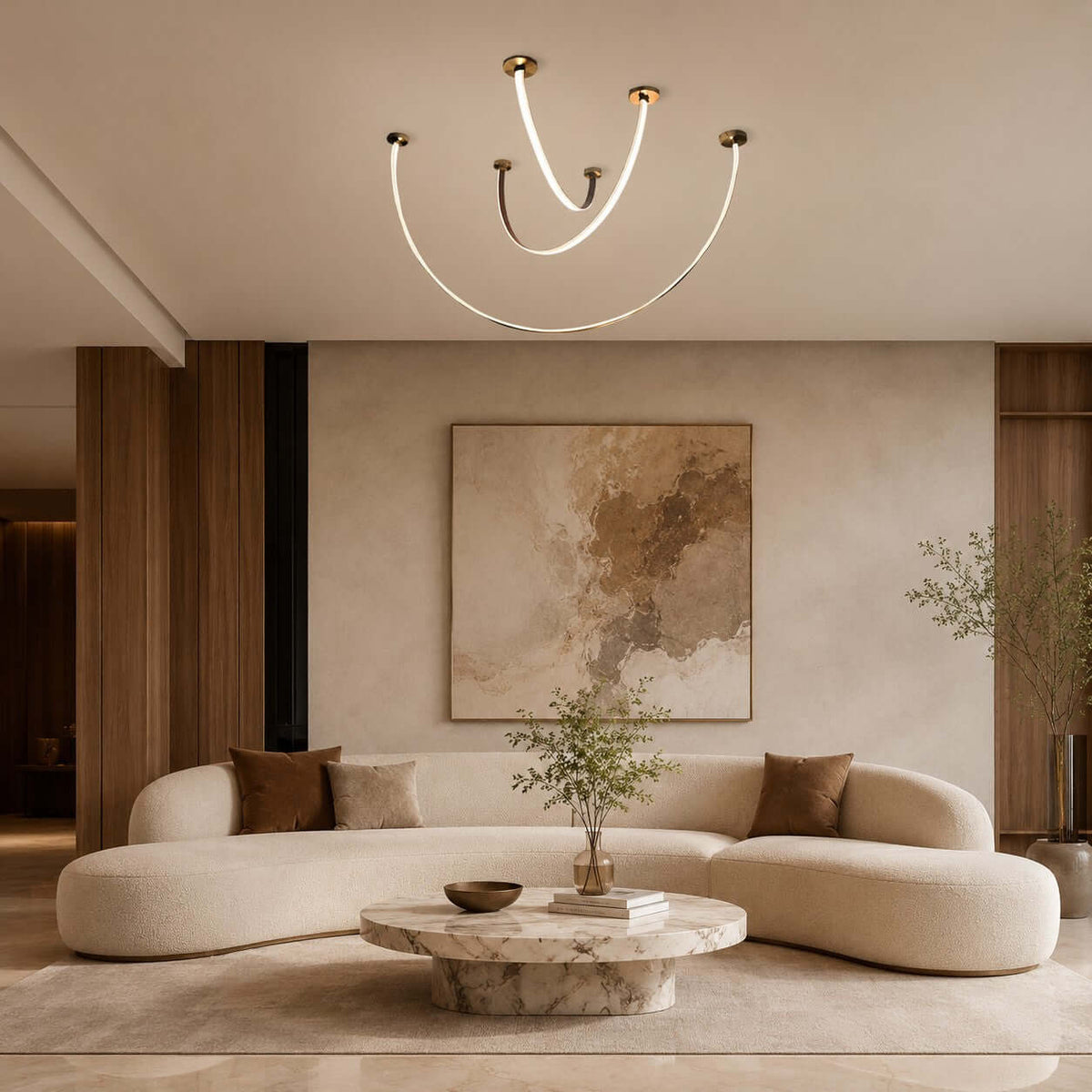 Curved Linear LED Chandelier with Leather Accents