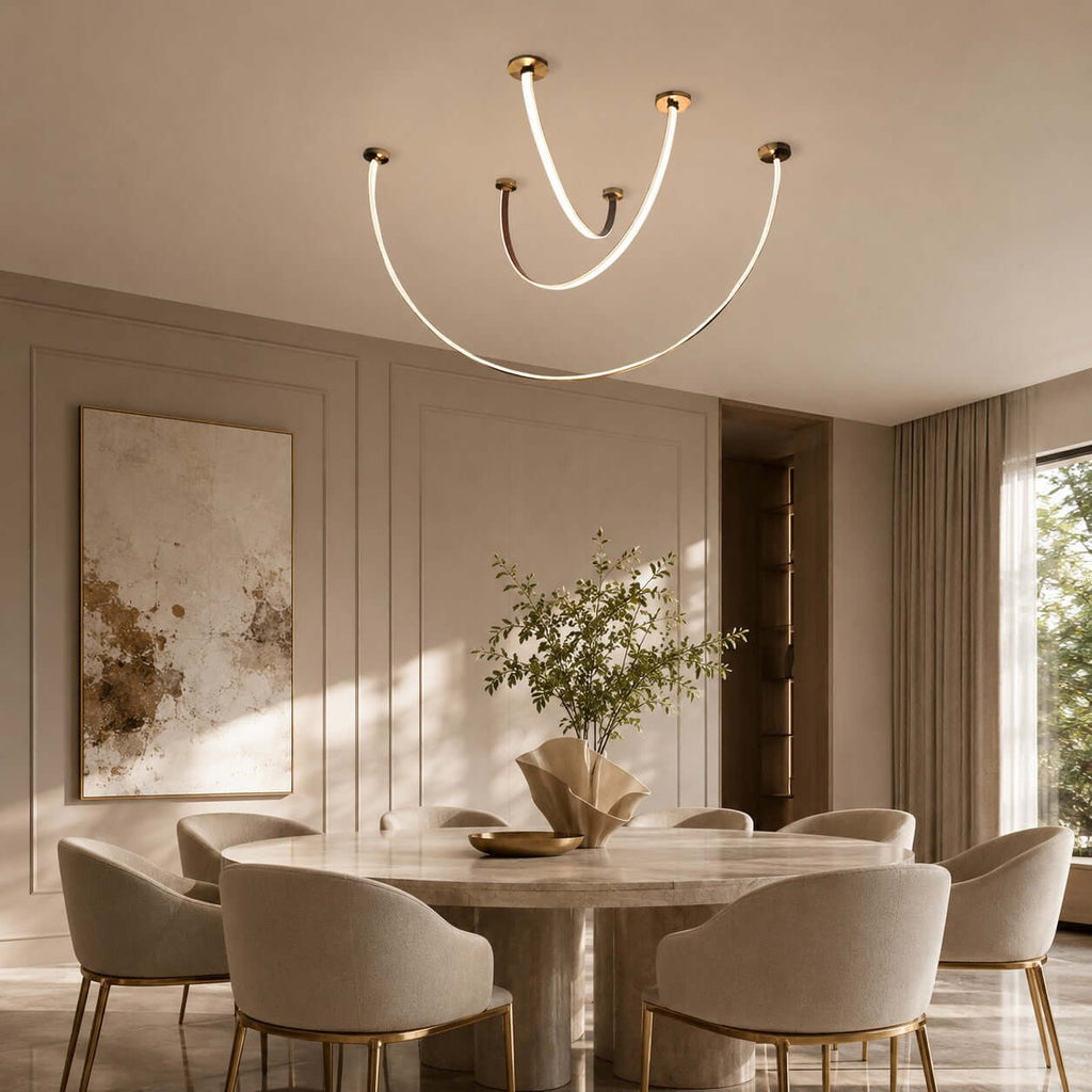 Curved Linear LED Chandelier with Leather Accents