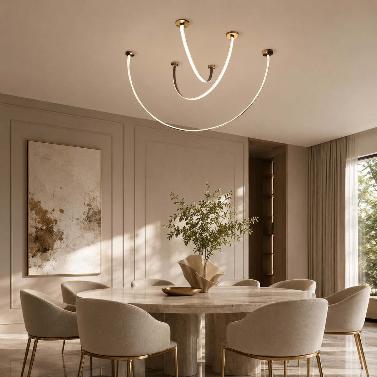 Curved Linear LED Chandelier with Leather Accents
