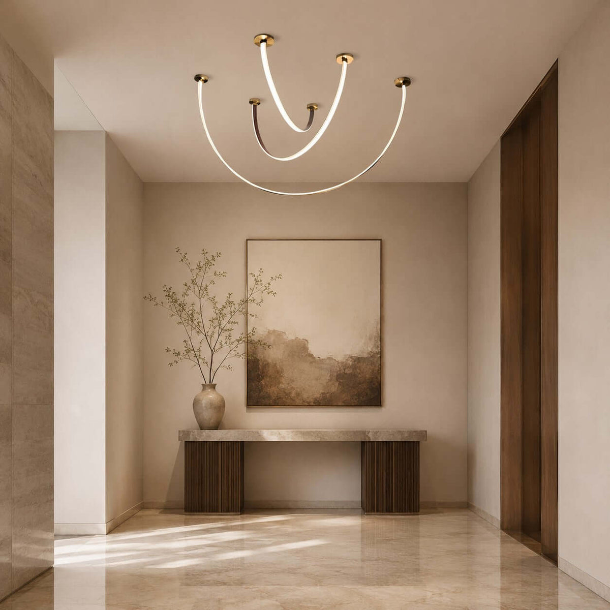 Curved Linear LED Chandelier with Leather Accents